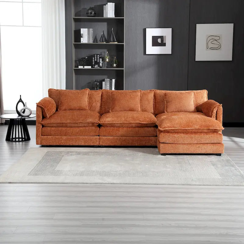 Canapé d'angle 4 places en forme de L Orange 112.2, revêtu de tissu bouclé moderne, avec coussins amovibles et accoudoirs détachables