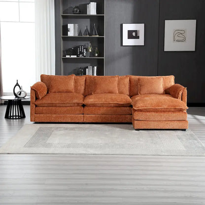 Canapé d'angle 4 places en forme de L Orange 112.2, revêtu de tissu bouclé moderne, avec coussins amovibles et accoudoirs détachables