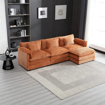 Canapé d'angle 4 places en forme de L Orange 112.2, revêtu de tissu bouclé moderne, avec coussins amovibles et accoudoirs détachables