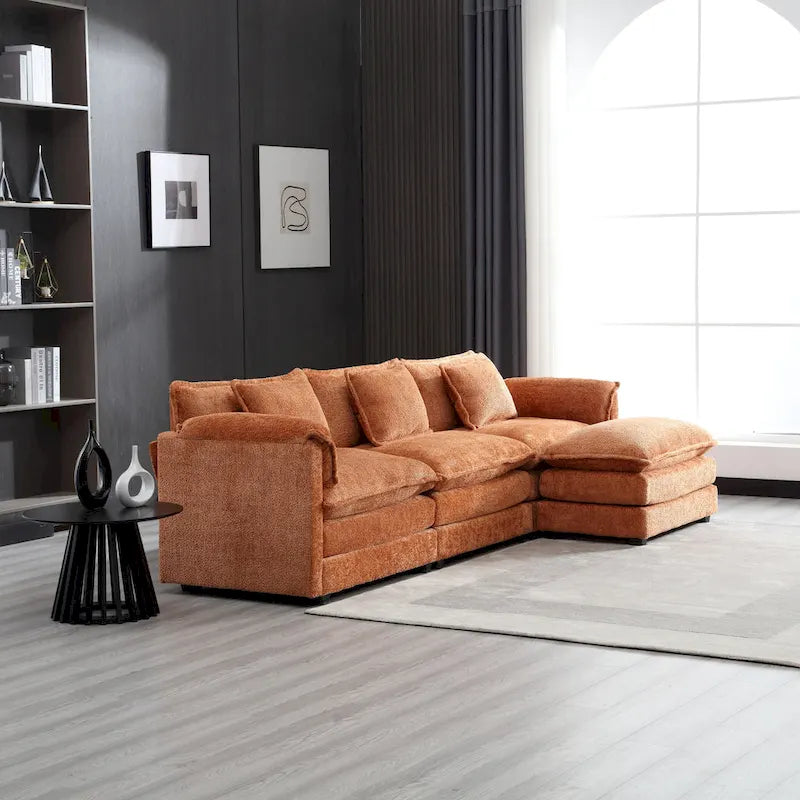 Canapé d'angle 4 places en forme de L Orange 112.2, revêtu de tissu bouclé moderne, avec coussins amovibles et accoudoirs détachables