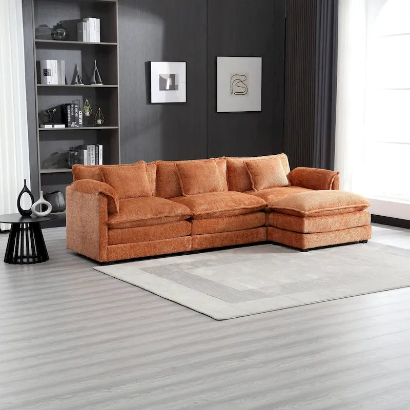 Canapé d'angle 4 places en forme de L Orange 112.2, revêtu de tissu bouclé moderne, avec coussins amovibles et accoudoirs détachables