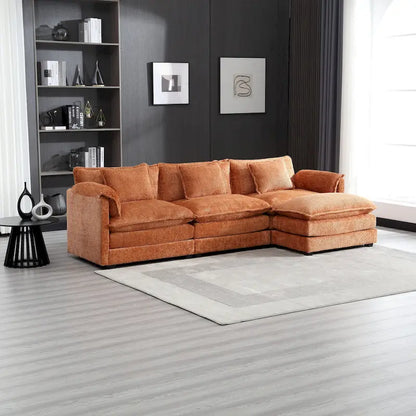 Canapé d'angle 4 places en forme de L Orange 112.2, revêtu de tissu bouclé moderne, avec coussins amovibles et accoudoirs détachables