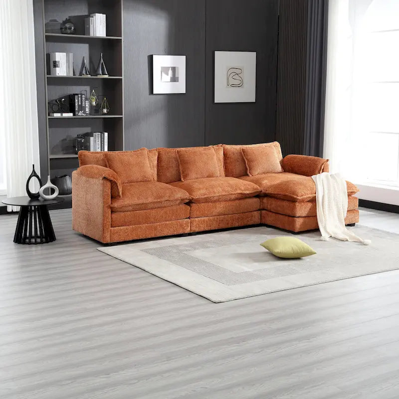 Canapé d'angle 4 places en forme de L Orange 112.2, revêtu de tissu bouclé moderne, avec coussins amovibles et accoudoirs détachables