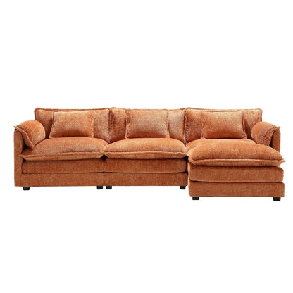 Canapé d'angle 4 places en forme de L Orange 112.2, revêtu de tissu bouclé moderne, avec coussins amovibles et accoudoirs détachables