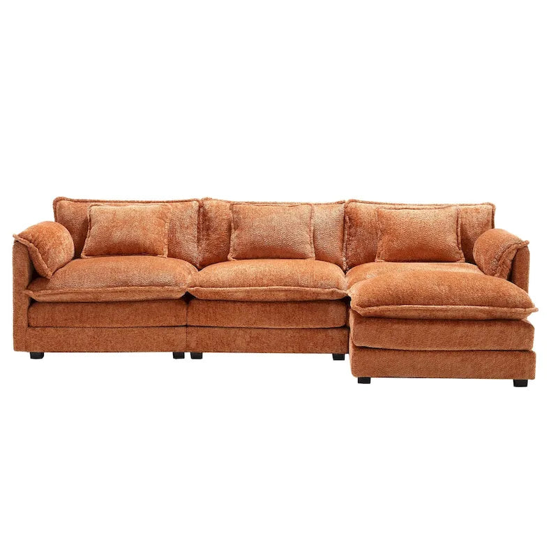 Canapé d'angle 4 places en forme de L Orange 112.2, revêtu de tissu bouclé moderne, avec coussins amovibles et accoudoirs détachables