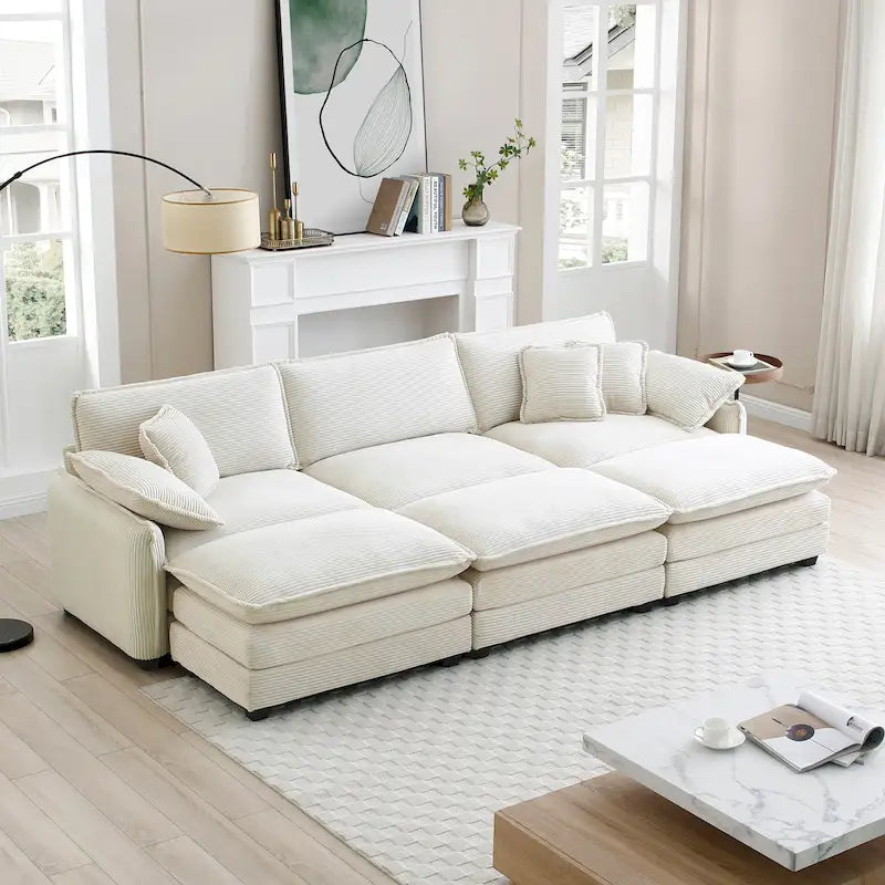 Canapé d'angle convertible modulable en velours côtelé beige 6 pièces avec 3 poufs et 5 coussins