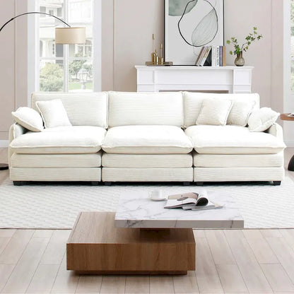 Canapé d'angle convertible modulable en velours côtelé beige 6 pièces avec 3 poufs et 5 coussins
