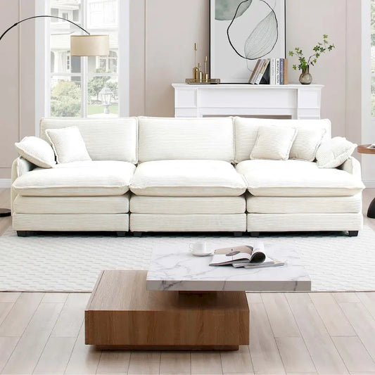 Canapé d'angle convertible modulable en velours côtelé beige 6 pièces avec 3 poufs et 5 coussins