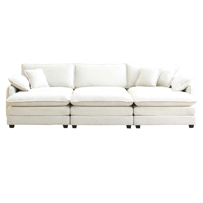 Canapé d'angle convertible modulable en velours côtelé beige 6 pièces avec 3 poufs et 5 coussins