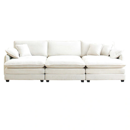 Canapé d'angle convertible modulable en velours côtelé beige 6 pièces avec 3 poufs et 5 coussins