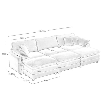 Canapé d'angle convertible modulable en velours côtelé beige 6 pièces avec 3 poufs et 5 coussins