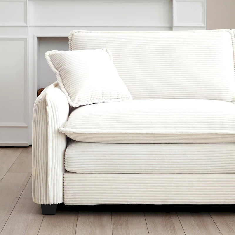 Canapé d'angle convertible modulable en velours côtelé beige 6 pièces avec 3 poufs et 5 coussins