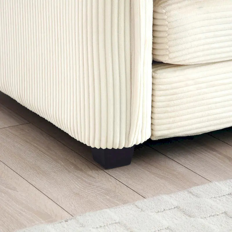 Canapé d'angle convertible modulable en velours côtelé beige 6 pièces avec 3 poufs et 5 coussins