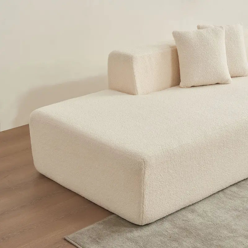 Canapé d'angle modulable 5 places en forme de L avec méridienne, revêtu d'un tissu sherpa doux en laine d'agneau.
