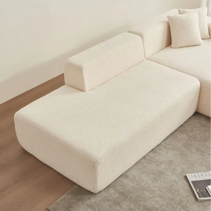Canapé d'angle modulable 5 places en forme de L avec méridienne, revêtu d'un tissu sherpa doux en laine d'agneau.