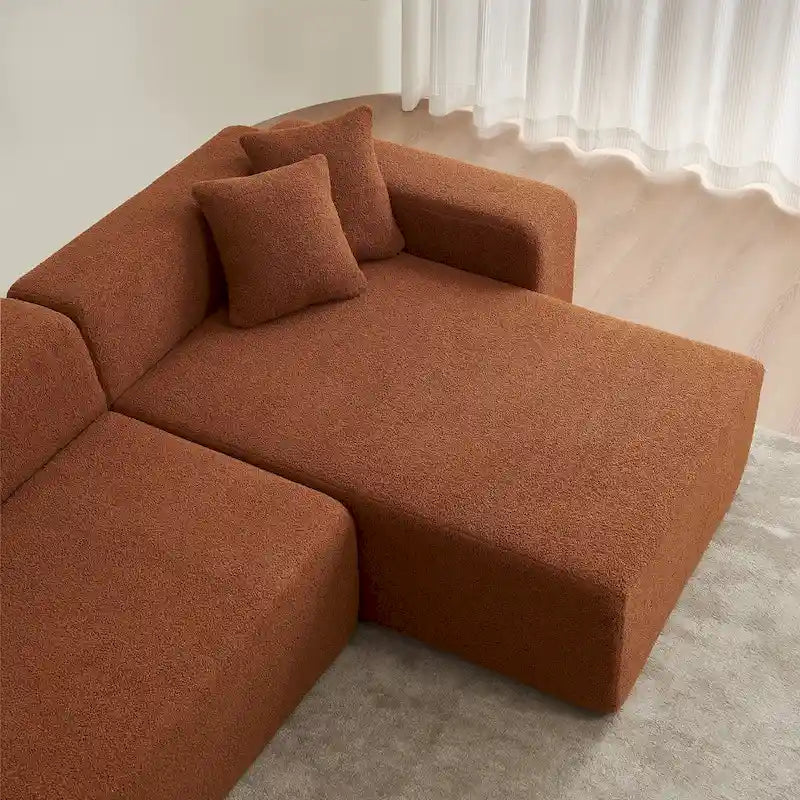 Canapé d'angle modulable 5 places en forme de L avec méridienne, revêtu d'un tissu sherpa doux en laine d'agneau.