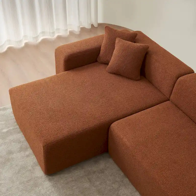 Canapé d'angle modulable 5 places en forme de L avec méridienne, revêtu d'un tissu sherpa doux en laine d'agneau.