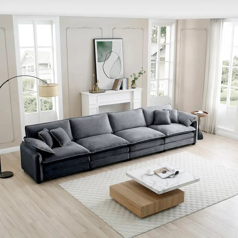 Canapé d'angle modulable 4 places en velours côtelé gris 150, 6 coussins et combinaison offerte