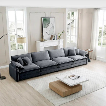 Canapé d'angle modulable 4 places en velours côtelé gris 150, 6 coussins et combinaison offerte