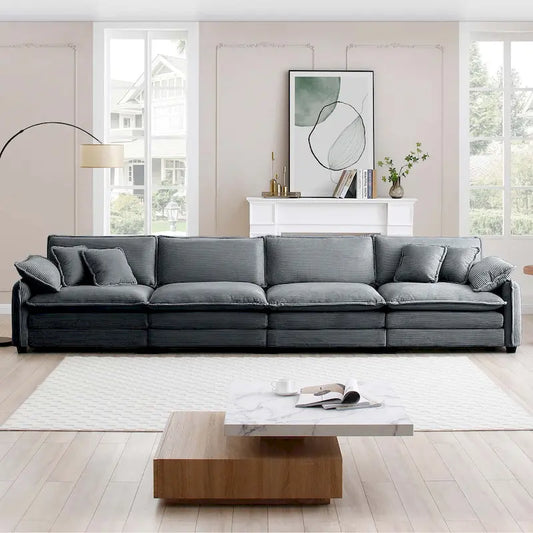 Canapé d'angle modulable 4 places en velours côtelé gris 150, 6 coussins et combinaison offerte