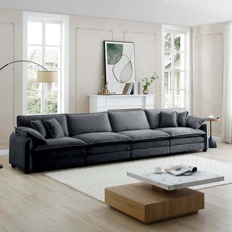 Canapé d'angle modulable 4 places en velours côtelé gris 150, 6 coussins et combinaison offerte