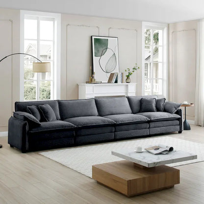 Canapé d'angle modulable 4 places en velours côtelé gris 150, 6 coussins et combinaison offerte