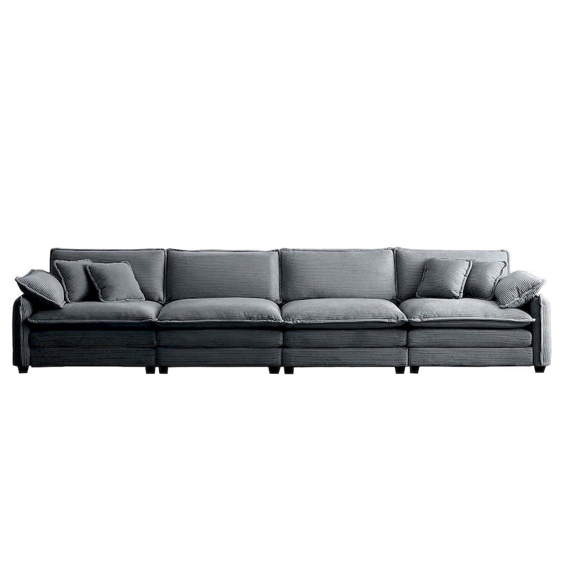 Canapé d'angle modulable 4 places en velours côtelé gris 150, 6 coussins et combinaison offerte
