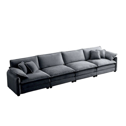 Canapé d'angle modulable 4 places en velours côtelé gris 150, 6 coussins et combinaison offerte