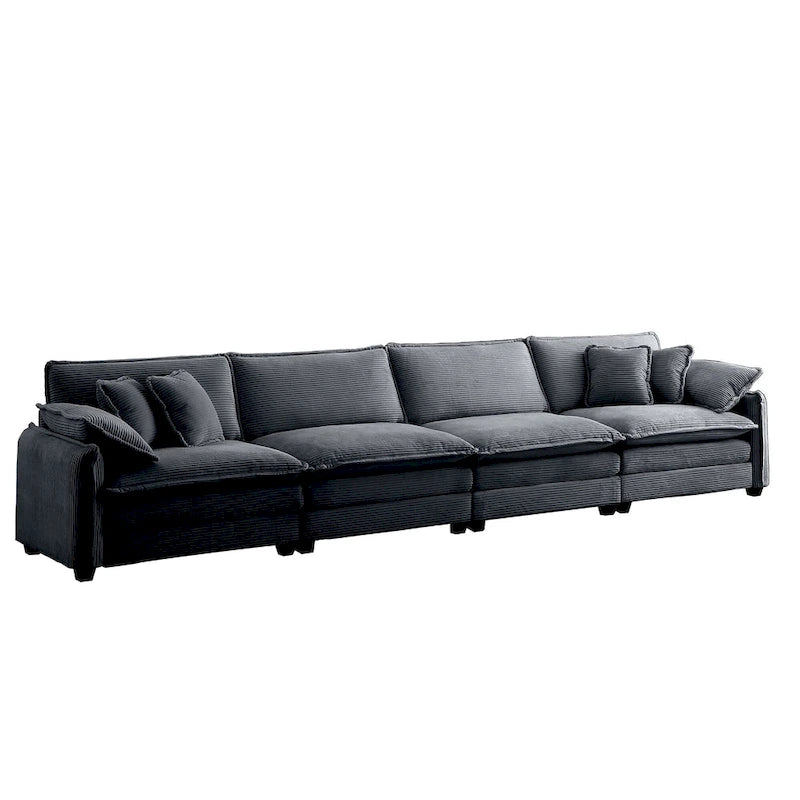 Canapé d'angle modulable 4 places en velours côtelé gris 150, 6 coussins et combinaison offerte