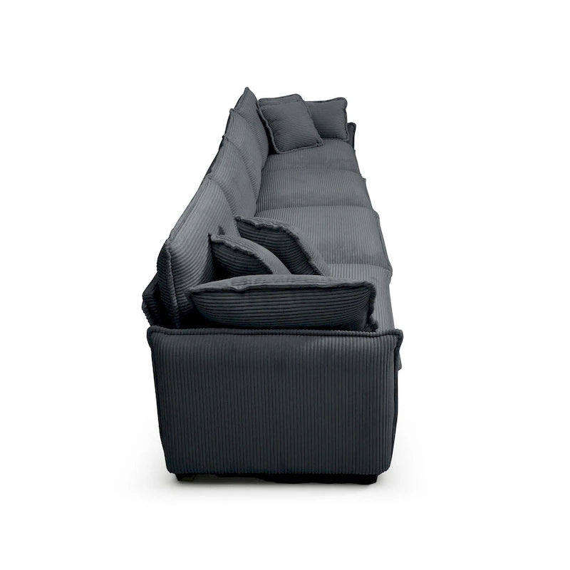 Canapé d'angle modulable 4 places en velours côtelé gris 150, 6 coussins et combinaison offerte