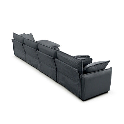 Canapé d'angle modulable 4 places en velours côtelé gris 150, 6 coussins et combinaison offerte
