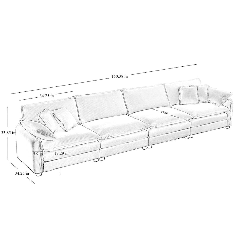 Canapé d'angle modulable 4 places en velours côtelé gris 150, 6 coussins et combinaison offerte