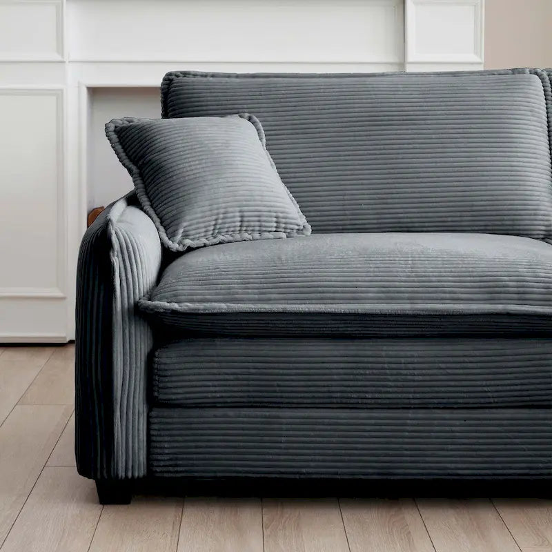 Canapé d'angle modulable 4 places en velours côtelé gris 150, 6 coussins et combinaison offerte