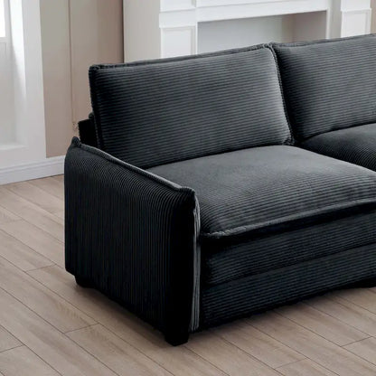 Canapé d'angle modulable 4 places en velours côtelé gris 150, 6 coussins et combinaison offerte