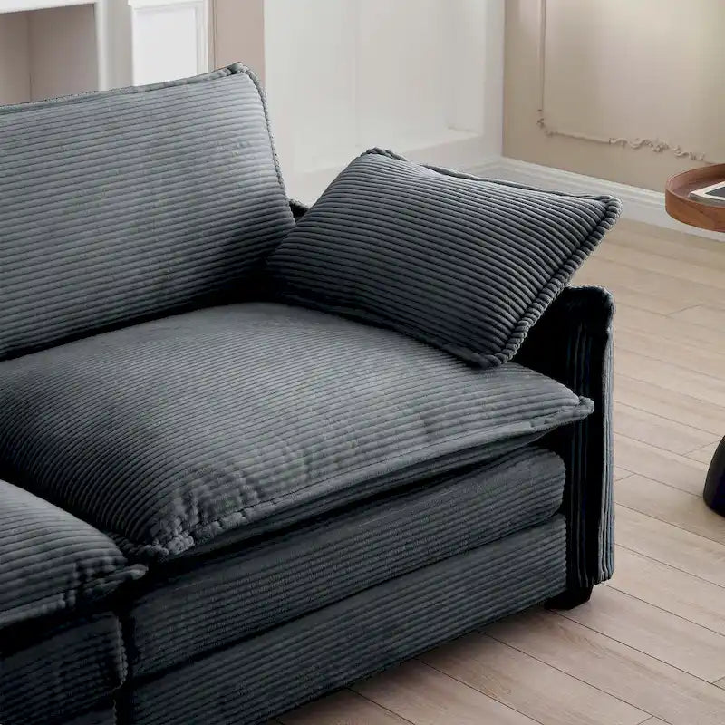 Canapé d'angle modulable 4 places en velours côtelé gris 150, 6 coussins et combinaison offerte