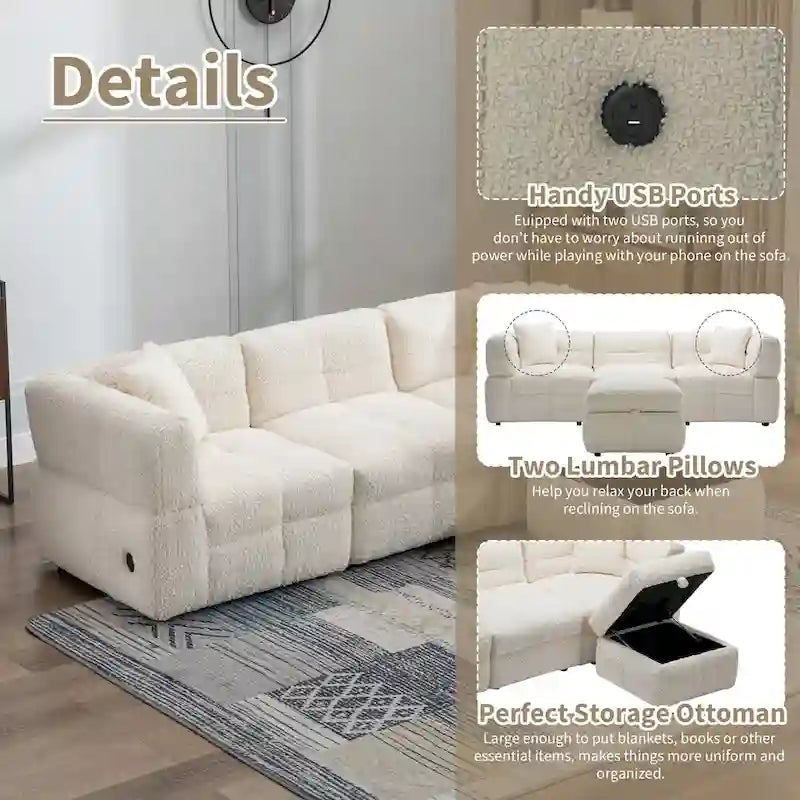 Canapé d'angle 4 places en tissu 87,7 avec pouf amovible, 2 ports USB et 2 coussins lombaires, idéal pour le salon