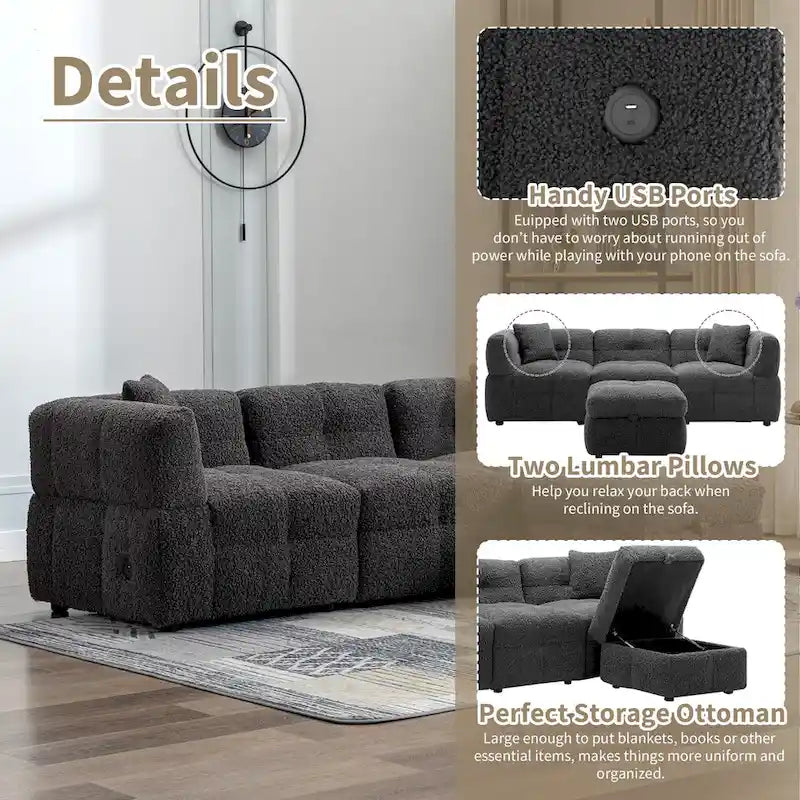 Canapé d'angle 4 places en tissu 87,7 avec pouf amovible, 2 ports USB et 2 coussins lombaires, idéal pour le salon