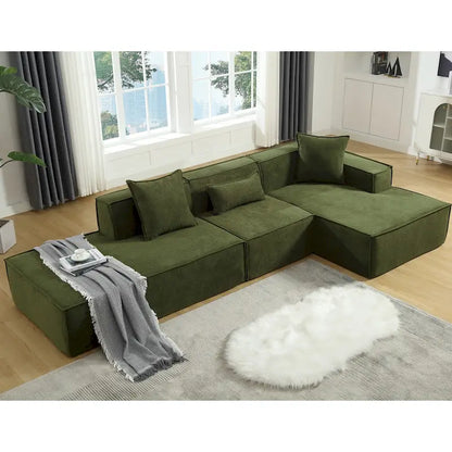 Canapé d'angle modulable minimaliste vert 129,5 cm en forme de L, 4 places avec méridienne, design modulable et polyvalent.