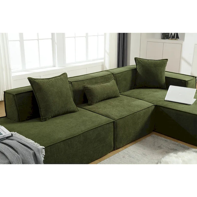 Canapé d'angle modulable minimaliste vert 129,5 cm en forme de L, 4 places avec méridienne, design modulable et polyvalent.