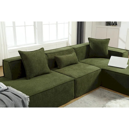 Canapé d'angle modulable minimaliste vert 129,5 cm en forme de L, 4 places avec méridienne, design modulable et polyvalent.