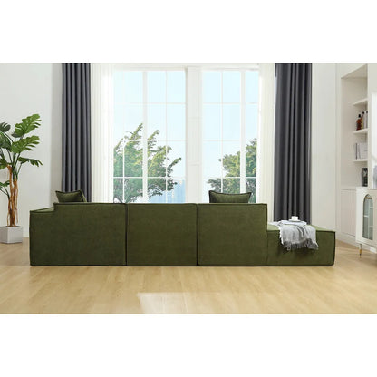 Canapé d'angle modulable minimaliste vert 129,5 cm en forme de L, 4 places avec méridienne, design modulable et polyvalent.