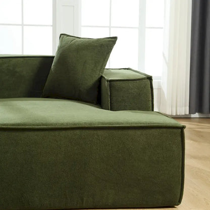 Canapé d'angle modulable minimaliste vert 129,5 cm en forme de L, 4 places avec méridienne, design modulable et polyvalent.