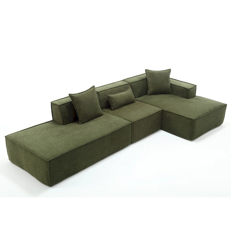 Canapé d'angle modulable minimaliste vert 129,5 cm en forme de L, 4 places avec méridienne, design modulable et polyvalent.