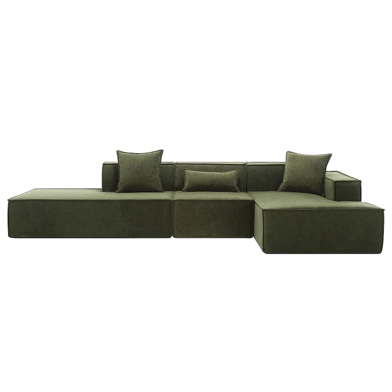 Canapé d'angle modulable minimaliste vert 129,5 cm en forme de L, 4 places avec méridienne, design modulable et polyvalent.
