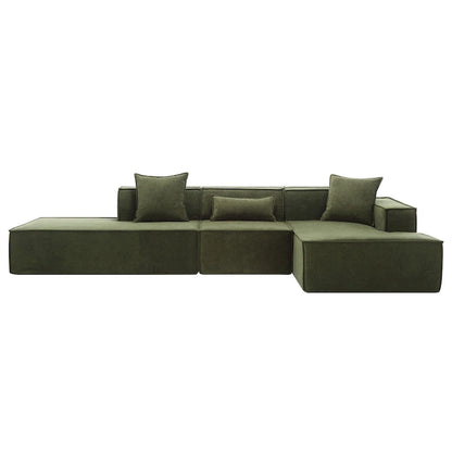 Canapé d'angle modulable minimaliste vert 129,5 cm en forme de L, 4 places avec méridienne, design modulable et polyvalent.
