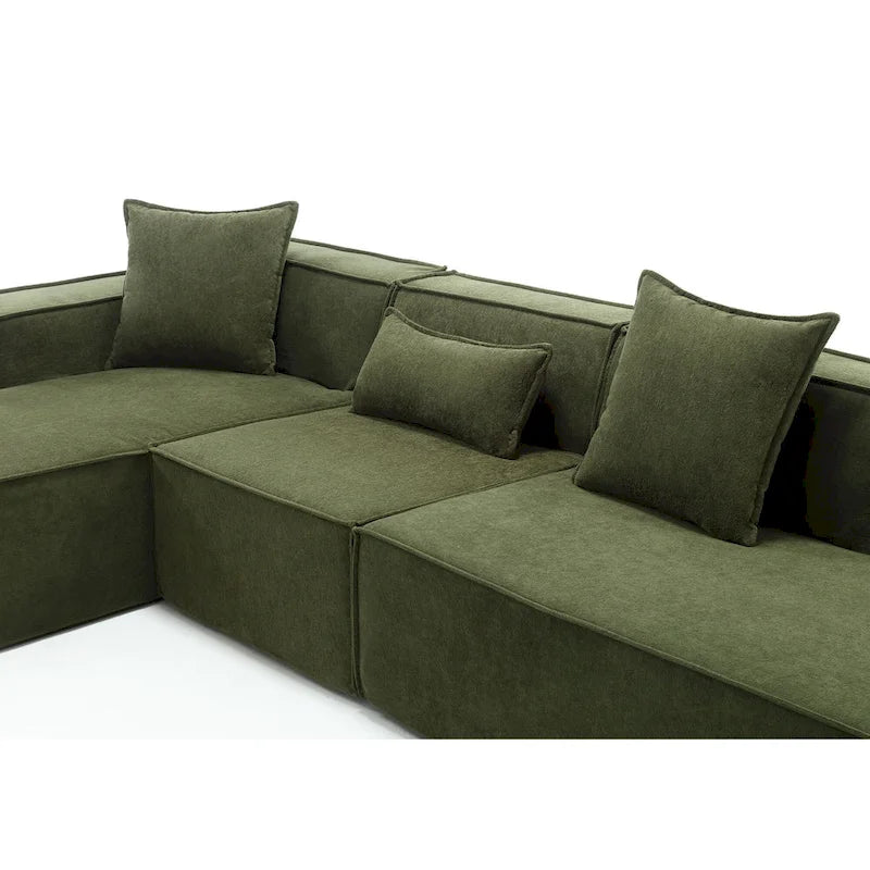 Canapé d'angle modulable minimaliste vert 129,5 cm en forme de L, 4 places avec méridienne, design modulable et polyvalent.