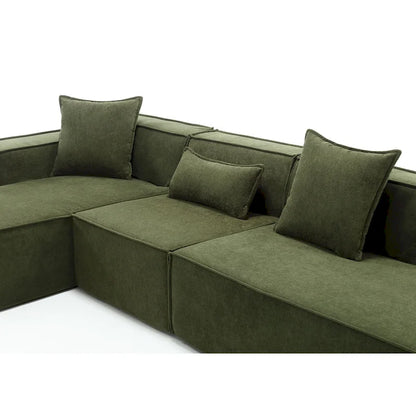 Canapé d'angle modulable minimaliste vert 129,5 cm en forme de L, 4 places avec méridienne, design modulable et polyvalent.