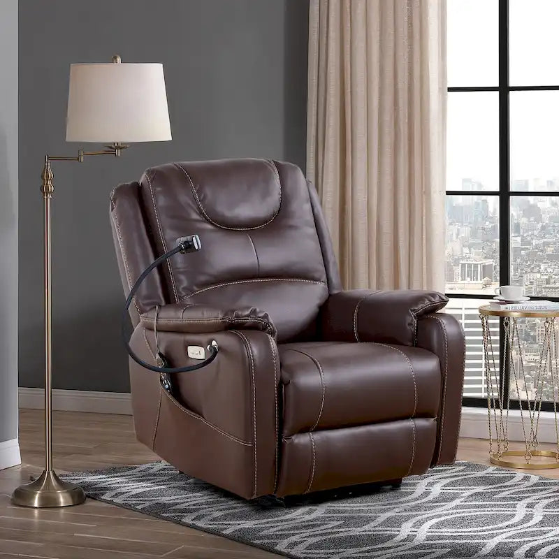 Fauteuil inclinable électrique noir, avec massage, chauffage, ports USB, support pour téléphone et poches latérales, inclinaison réglable jusqu'à 139°.