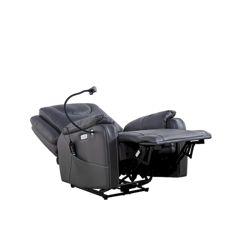Fauteuil inclinable électrique noir, avec massage, chauffage, ports USB, support pour téléphone et poches latérales, inclinaison réglable jusqu'à 139°.