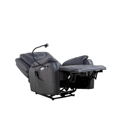 Fauteuil inclinable électrique noir, avec massage, chauffage, ports USB, support pour téléphone et poches latérales, inclinaison réglable jusqu'à 139°.